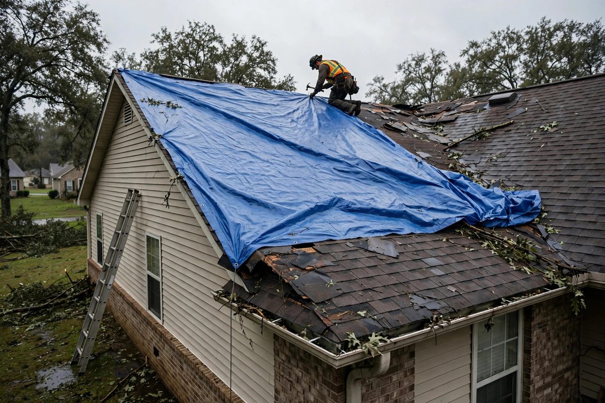 Emergency roof tarping after storm damage