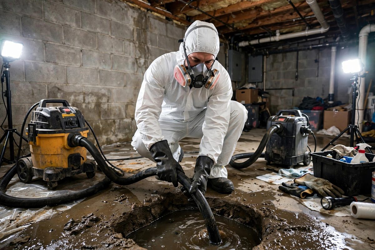 Technician in protective gear during sewage cleanup