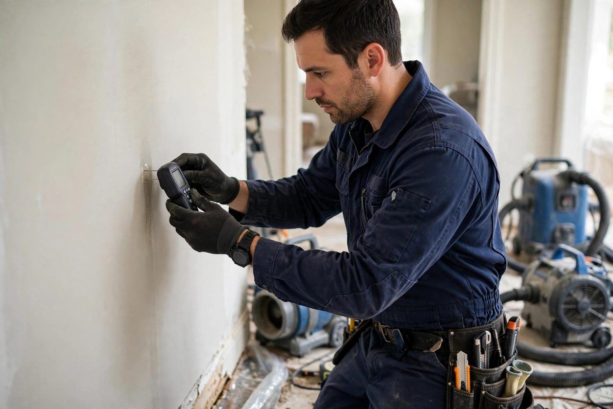 Technician taking moisture meter readings on drywall